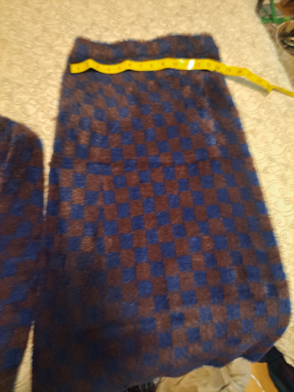 Tres Blue and Brown Checkered Fuzzy Cardigan Sweater And Pencil Skirt - Picture 4 of 5